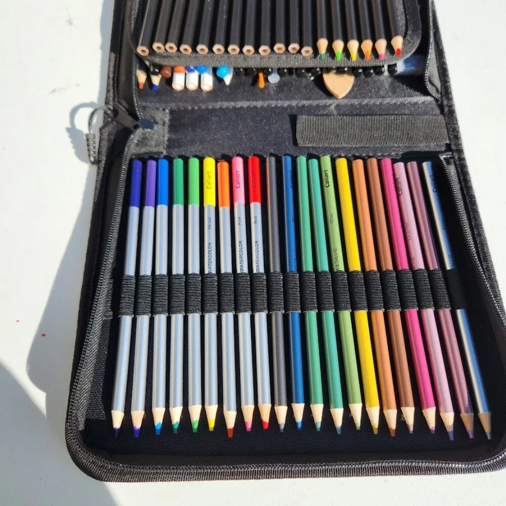 NEW Caliart 76 Piece Art Kit Supplies Watercolor Pencils Charcoal Travel Case Co